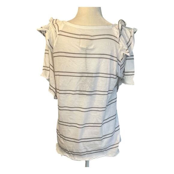 Chaser Gauzy Ruffle Shoulder Flouncy Tee White Gray Cotton Knit Short Sleeve L - Picture 5 of 9
